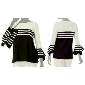 Alfani Sweater Womens Size L Black White Stripe Scoop-Neck ¾ Bell-Sleeve Top